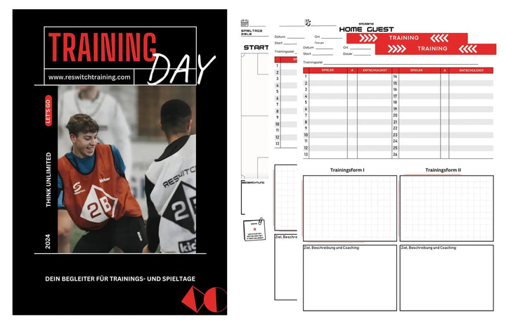 Das RESWITCH Pro-Coach Set von matchconcept UG besteht aus einem Trainingsleitfaden mit einem lächelnden Spieler in der roten Nummer 28 und einem Arbeitsblatt für die Trainingsplanung - perfekt für die Organisation von Fußballtraining und Ausrüstung.