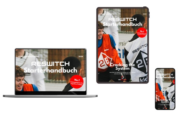 Das Bild zeigt einen Laptop, ein Tablet und ein Smartphone mit dem Cover des „RESWITCH Starterhandbuchs“ mit dem Titel „Cracking the System“ und zeigt junge Sportler in Sportleibchen. Es wird als Nr. 1-Handbuch in Trainingsformen von matchconcept UG hervorgehoben und ist ab Dezember 2023 erhältlich.