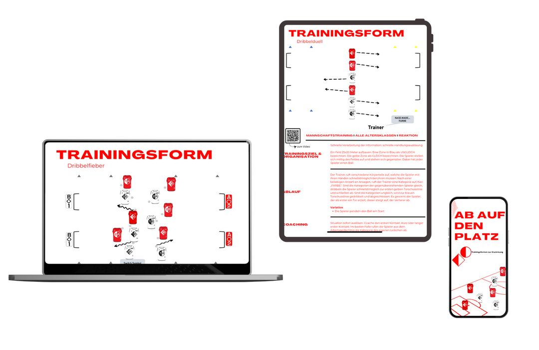 Das „Starterhandbuch für das Mannschafts- und Individualtraining“ der matchconcept UG mit seinen rot-schwarzen Diagrammen und Texten wird auf Laptops, Tablets und Smartphones angezeigt. Das Layout hilft Sportlern dabei, ihre Techniken durch strategische Trainingshinweise effektiv aufzufrischen.