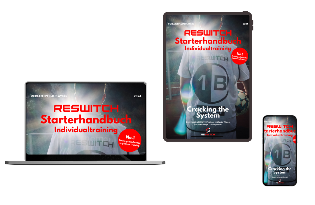 Auf Laptop, Tablet und Smartphone ist das Cover des „Starterhandbuch Individualtraining“ von matchconcept UG zu sehen. Das Bild zeigt eine Person im Sporttrikot mit einem Fußball. Der Text betont „Cracking the System“ und hebt den perfekten Einsatz für Einzel- oder Kleingruppentraining hervor („Einzigartiger Trainingsansatz“).