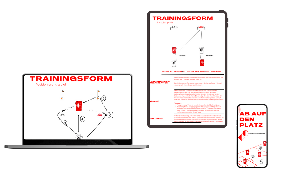 Ein Laptop, ein Tablet und ein Smartphone zeigen Trainingsformen für eine Positionsspielübung mit rot-weißen Grafiken in deutscher Sprache an. Die Geräte bieten RESWITCH-Kunden Einblicke aus dem Starterhandbuch Individualtraining von matchconcept UG.