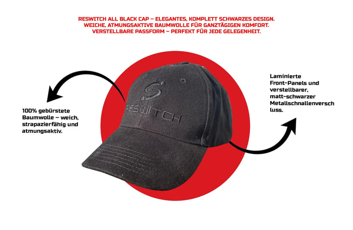 Die RESWITCH All Black Cap von matchconcept UG besticht mit gesticktem Logo, gebürsteter Baumwolle, minimalistischem Design, verstellbarer Passform, laminierter Front und matter Schnalle. Rote und schwarze Akzente heben Details hervor.
