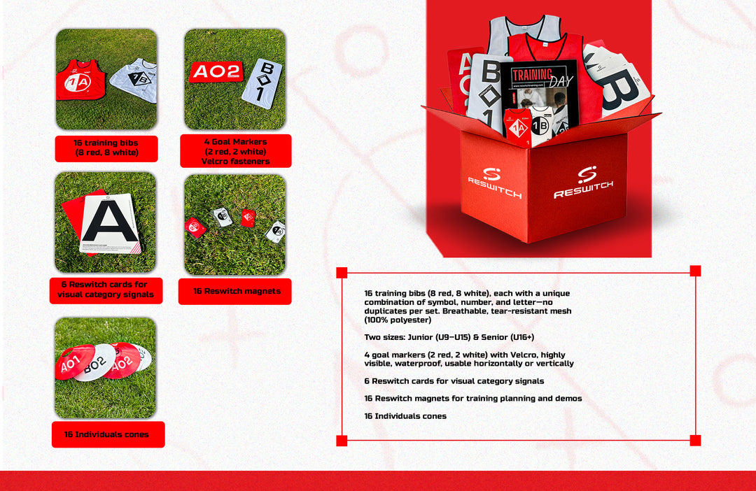Ein roter RESWITCH Cheftrainer-Set-Karton von matchconcept UG enthält Sportgeräte - nummerierte Trainingsleibchen, Karten, Tormarkierungen, Marker, Kegel und ein Booklet -, die alle auf dem Rasen ausgestellt sind, mit Artikelbeschriftungen und einer Inhaltsliste auf der rechten Seite.