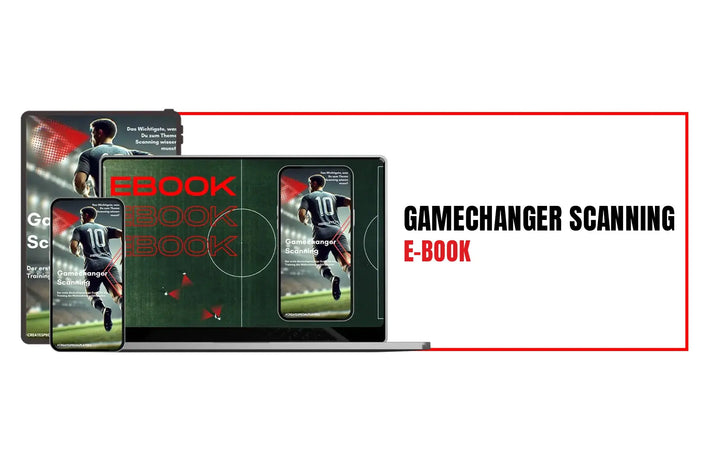 Ein digitales Display zeigt das Gamechanger Scanning - eBook der matchconcept UG mit den Bildern eines Fußballspielers auf einem Cover, einem Laptop und einem Smartphone mit dem Schriftzug "Wahrnehmung im Fußball" auf weißem, rot umrandetem Hintergrund.