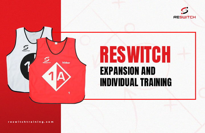 Zwei RESWITCH - Erweiterung und Individualtraining Trainingsleibchen (weiß und rot, Nummer 1A) werden neben fettgedrucktem matchconcept UG Branding, Logo, Website und atmungsaktives Mesh-Material hervorgehoben.