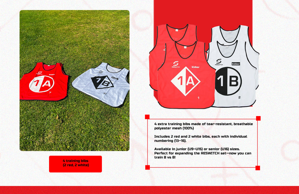 Zwei rote und zwei weiße Trainingsleibchen aus dem RESWITCH - Erweiterung und Individualtraining von matchconcept UG stehen auf dem Rasen, jeweils mit atmungsaktivem Mesh, fetten Zahlen/Buchstaben (1A oder 1B), sowie Kicker- und Switch-Logos.