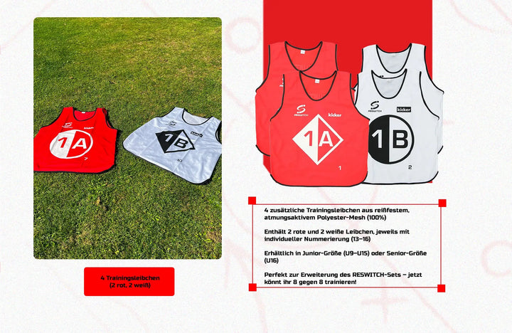 Abgebildet sind zwei rote und zwei weiße RESWITCH - Erweiterung und Individualtraining Leibchen von matchconcept UG, jeweils mit 1A oder 1B gekennzeichnet. Eine deutsche Infobox listet den Inhalt des Sets, die Eigenschaften des Mesh-Materials und die verfügbaren Größen auf.