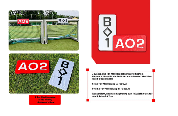 Zwei RESWITCH Tormarkierungen für Latte oder Pfosten von matchconcept UG (rot AO2, weiß B01) mit Klettverschluss sind in der Nähe der Querlatte eines Fußballtores auf Rasen mit deutschem Beschreibungstext abgebildet.