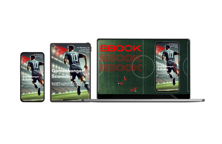 Auf verschiedenen digitalen Geräten wird das Fußball-E-Book „Gamechanger Scanning – eBook“ von matchconcept UG präsentiert. Das Cover zeigt einen Fußballspieler im Stadion. Smartphone, Tablet und Laptop bieten jeweils einzigartige Perspektiven auf den innovativen Trainingsansatz.