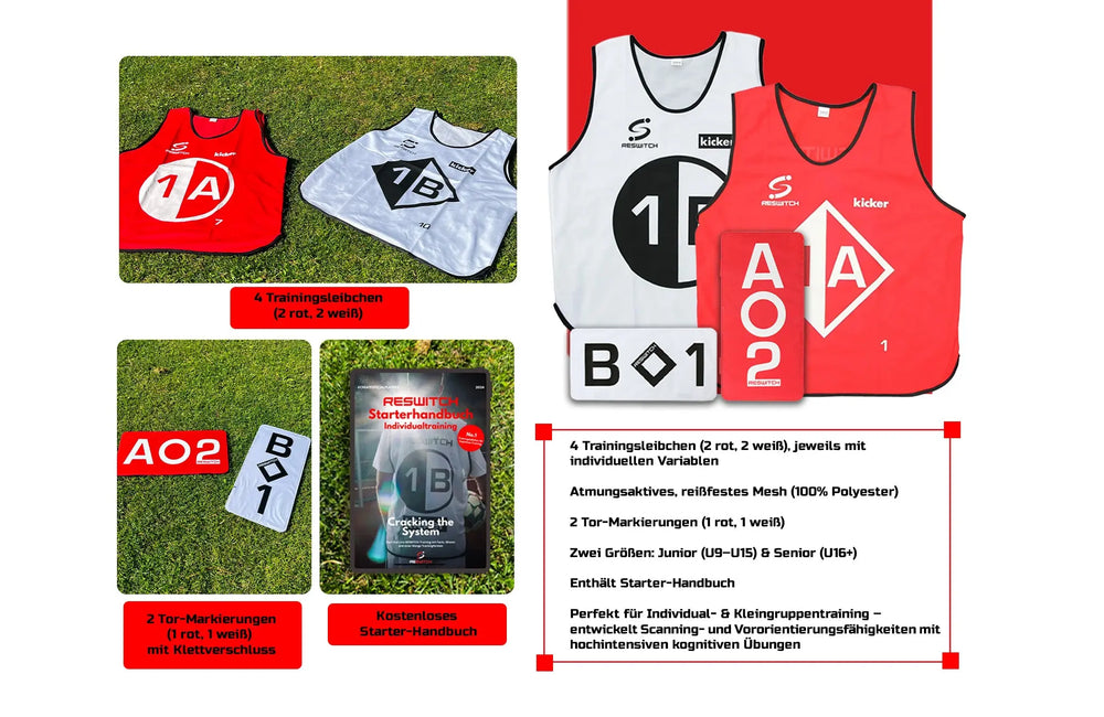 Das RESWITCH-Individualtrainer-Set II von matchconcept UG enthält 4 Trainingsleibchen (2 rot, 2 weiß), 2 Tor-Markierungen (A02, B01) und ein Starter-Handbuch mit deutschen Anleitungen - ideal für Einzel- oder Kleingruppentraining.