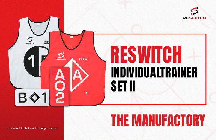 Rot-weißes RESWITCH-Individualtrainer-Set II der matchconcept UG, beschriftet mit Zahlen und Buchstaben und dem RESWITCH-Logo, wird für Individualtraining oder Kleingruppentraining gezeigt. "DIE MANUFAKTUR". Website siehe unten.