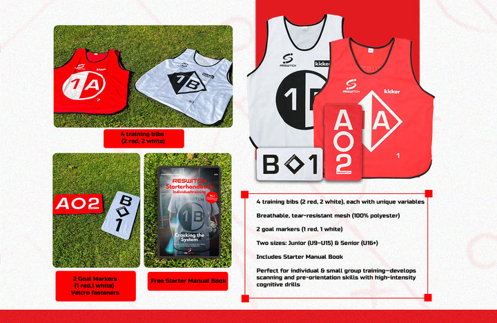 Das RESWITCH-Individualtrainer-Set II von matchconcept UG enthält vier Trainingsleibchen (2 rote, 2 weiße) mit eindeutigen Markierungen, zwei Tormarker und ein Handbuch - perfekt für Kleingruppentraining oder Individualtraining.