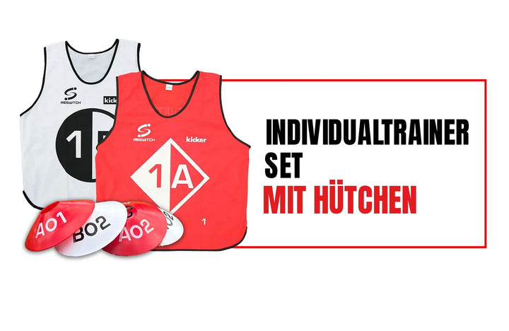 Das RESWITCH Individualtrainer-Set von matchconcept UG enthält zwei Trainingsleibchen (weiß 1B, rot 1A) und sechs Hütchen (A01, B02, A02). "Das Individualtrainer-Set mit Hütchen" erscheint in Schwarz und Rot - ideal für kognitives Training.