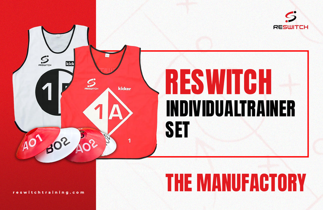 Rot-weiße Trainingsleibchen (1A, 1B) mit passenden RESWITCH Hütchen (A01, B02). RESWITCH Individualtrainer-Set für kognitives Training von matchconcept UG.