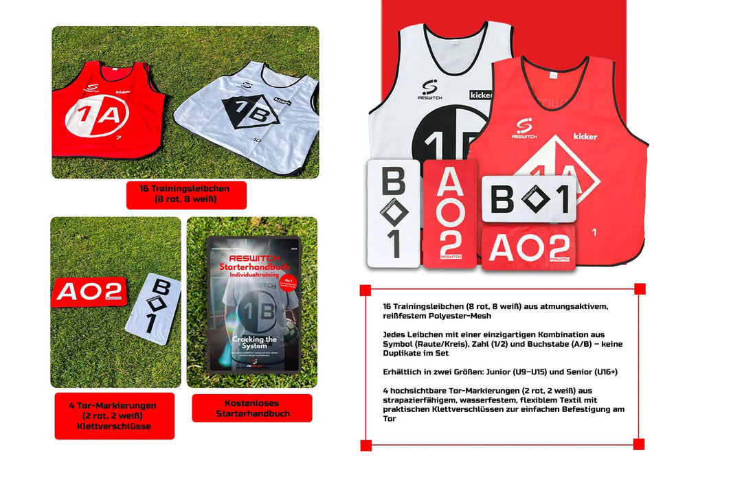 Das RESWITCH Mannschaftstrainer-Set von matchconcept UG zeigt nummerierte Trainingsleibchen, Tormarkierungen auf Gras und weißem Hintergrund, rote und graue Lätzchen "A"/"B", Markierungskarten, Trikot-Infos, und ein Booklet für effektives Mannschaftstraining.