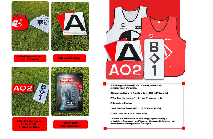 Eine Collage zeigt das RESWITCH - Premium Individualtrainer-Set von matchconcept UG mit Trainingsleibchen, Reswitch-Karten, Zielmarkern für kognitives Training & Vororientierung, und einem Starter Guide. Die Items erscheinen einzeln und gruppiert, mit deutschen Beschreibungen.