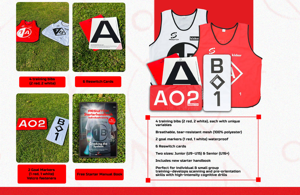 Das RESWITCH - Premium Individualtrainer-Set von matchconcept UG enthält 4 rot-weiße Trainingsleibchen, 2 Tormarker, 6 RESWITCH-Karten und ein Starterhandbuch - alles auf Rasen vor weißem Hintergrund mit roten Akzenten.