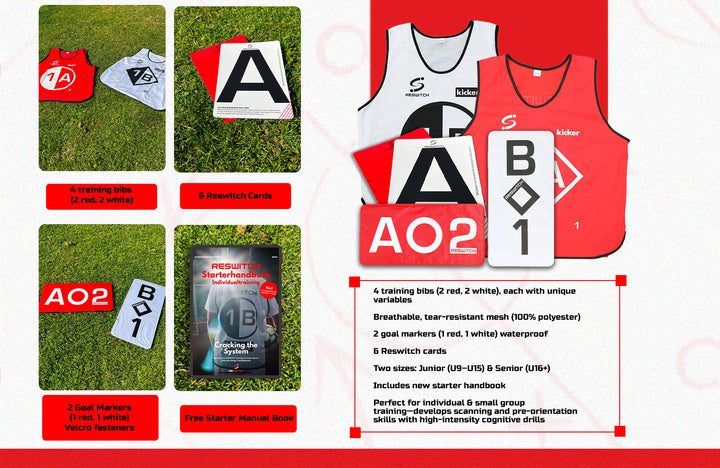 Das RESWITCH - Premium Individualtrainer-Set von matchconcept UG enthält 4 rot-weiße Trainingsleibchen, 2 Tormarker, 6 RESWITCH-Karten und ein Starterhandbuch - alles auf Rasen vor weißem Hintergrund mit roten Akzenten.