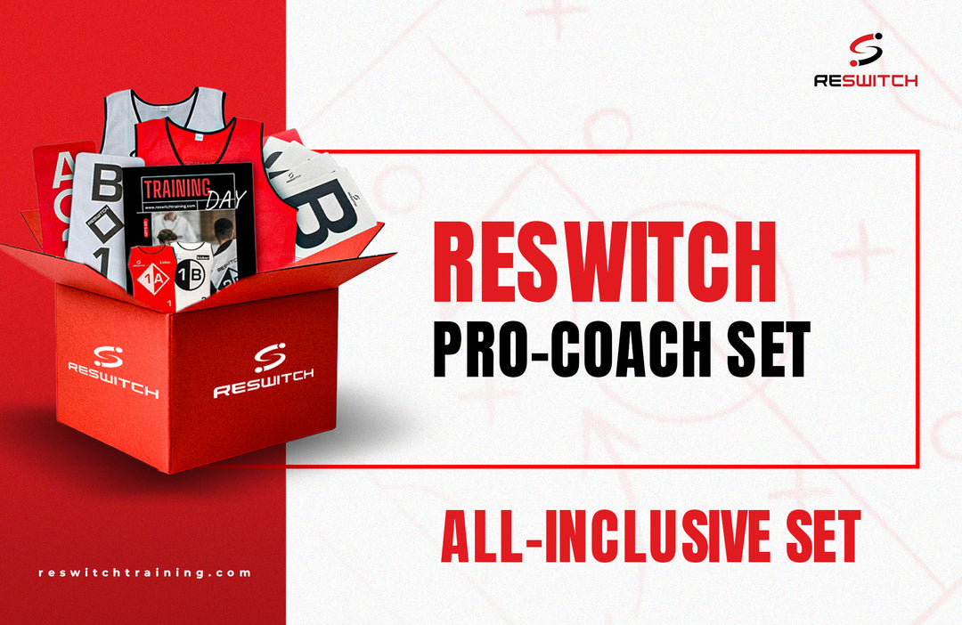 Eine rote RESWITCH-Box der matchconcept UG, gefüllt mit Sportartikeln, Büchern, Karten und Shirts. Text: "RESWITCH Profi-Trainer-Set" und "All-Inclusive-Set". Trainingsleibchen-Set und Logo mit Website sind ebenfalls im Design enthalten.