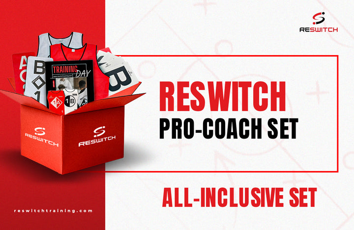 Eine rote RESWITCH-Box der matchconcept UG, gefüllt mit Sportartikeln, Büchern, Karten und Shirts. Text: "RESWITCH Profi-Trainer-Set" und "All-Inclusive-Set". Trainingsleibchen-Set und Logo mit Website sind ebenfalls im Design enthalten.