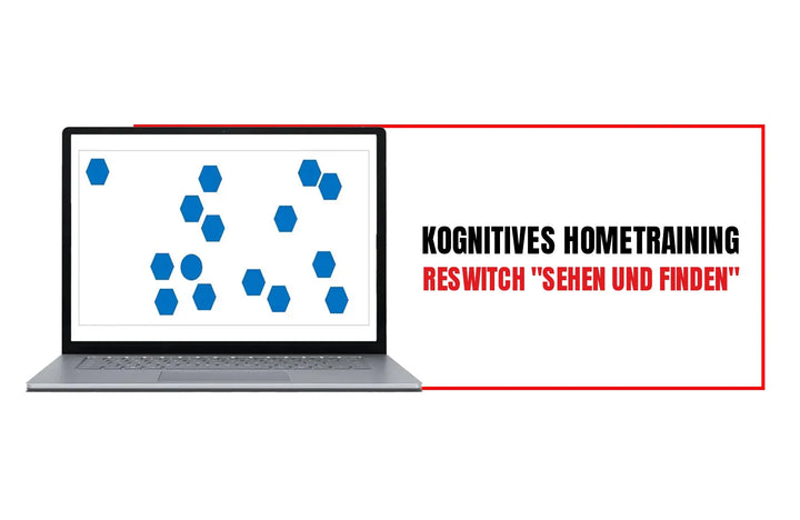 Ein Laptop zeigt verstreute blaue Sechsecke an. Daneben steht in fetter deutscher Schrift: Kognitives Hometraining RESWITCH "Sehen und Finden" von matchconcept UG - das effektive Wahrnehmungstraining für Zuhause.