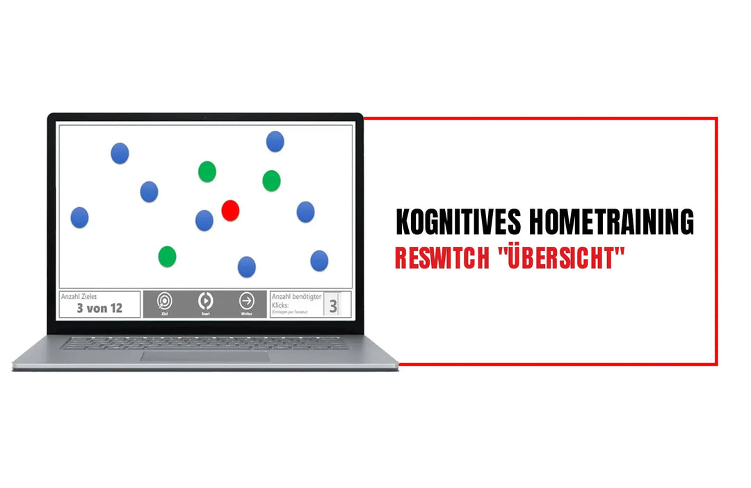 Ein Laptop zeigt das matchconcept UG Spiel "Kognitives Hometraining mit RESWITCH 'Übersicht'" mit farbigen Punkten, Punktetafel und fettem Titel auf weißem Hintergrund mit rotem Rand. Ideal als kostenloses Trainingsprogramm für kognitive Fähigkeiten.
