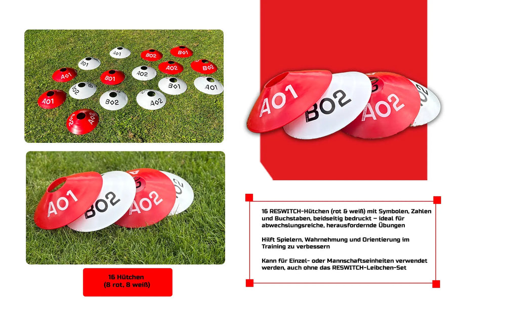 Rot-weiße RESWITCH-Hütchen von matchconcept UG, beschriftet mit Zahlen und Buchstaben, sind auf dem Rasen in Gruppen angeordnet - perfekte Trainingshilfen. Ein deutscher Text erklärt den Inhalt des Sets und den Nutzen für das Fußballtraining.