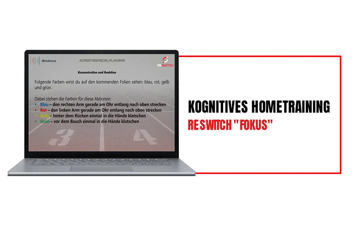 Ein Laptop zeigt deutsche Anweisungen mit farbigen Aufzählungspunkten auf einem Gleishintergrund. Daneben steht in fetter Schrift: Kognitives Hometraining mit RESWITCH "Fokus" von matchconcept UG-ein Programm zum Training kognitiver Fähigkeiten.