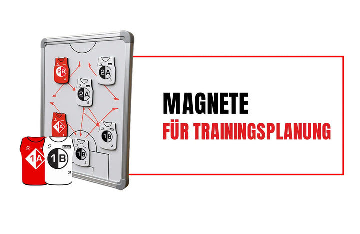 Die RESWITCH Magnete von matchconcept UG ist eine taktische Magnettafel mit Magnet-Leibchen, die mit den Trikots 1A, 2A und 1B beschriftet sind. Der Schriftzug "MAGNETE FÜR TRAININGSPLANUNG" ist in fettgedrucktem Schwarz und Rot gehalten und eignet sich perfekt für die Trainingsplanung und Coaching-Sitzungen.