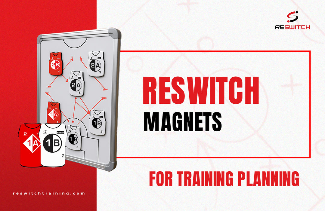 Eine digitale Anzeige für RESWITCH Magnete von matchconcept UG zeigt eine magnetische Taktiktafel mit nummerierten Trikots und Pfeilen sowie dem Text: RESWITCH Magnete für effektive Trainingsplanung Fußball.