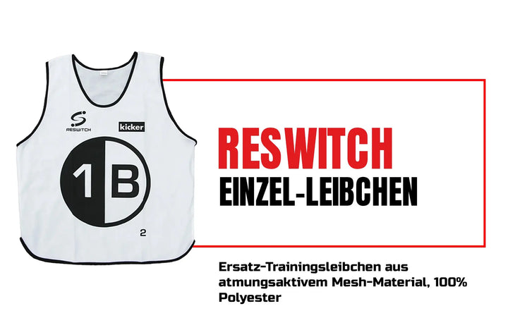 Ein weißes Einzelnes RESWITCH-Leibchen von matchconcept UG (haftungsbeschränkt) mit schwarzer 1B-Grafik steht neben dem fetten RESWITCH EINZEL-LEIBCHEN Text. Darunter wird sein atmungsaktives Gewebe aus 100% Polyester beschrieben.