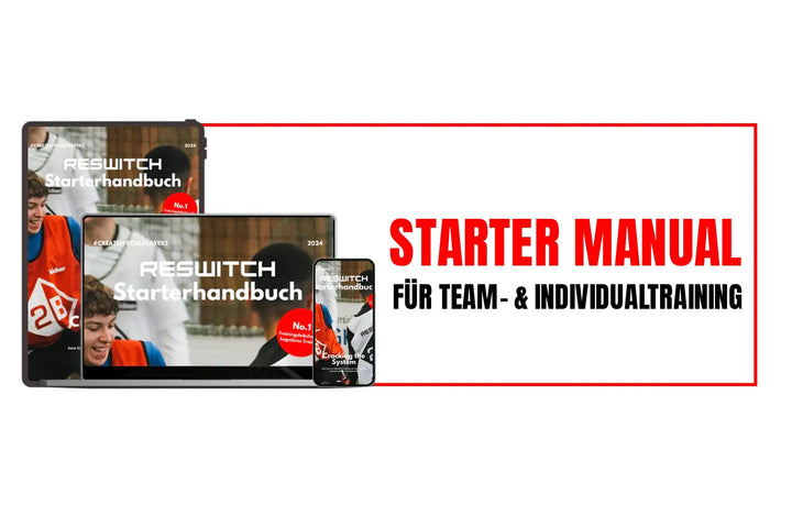 Digitale Geräte zeigen das Starterhandbuch für das Mannschafts- und Individualtraining von matchconcept UG. Rechts daneben steht in fetter rot-schwarzer Schrift: STARTERHANDBUCH für das Mannschafts- & Individualtraining-ideal für verschiedene Trainingsformate.