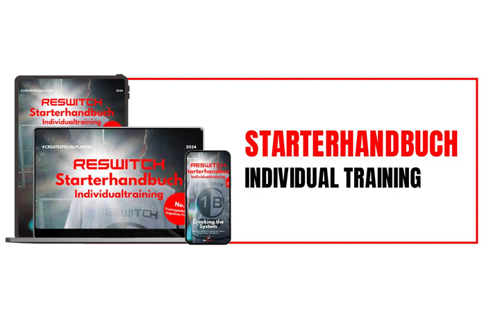 Ein Laptop, ein Tablet und ein Telefon zeigen das Cover des Starterhandbuchs Individualtraining von matchconcept UG. Daneben steht in großer Schrift STARTERHANDBUCH INDIVIDUALTRAINING-dein Guide für Einzeltraining und effektive Trainingsformen auf weißem Hintergrund mit rotem Rand.