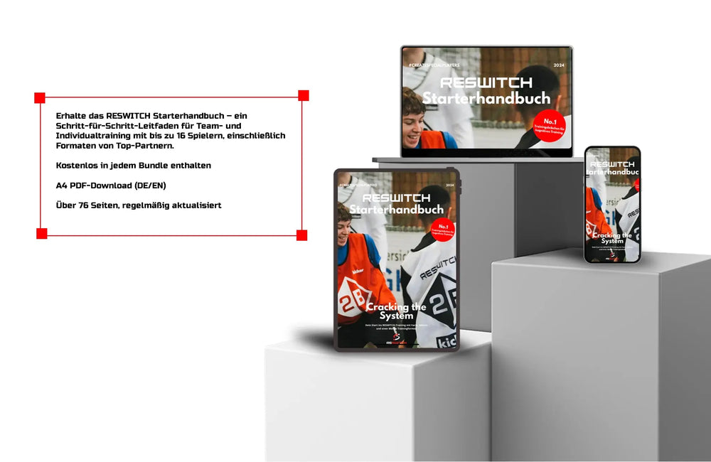 Eine digitale Promo für das matchconcept UG Starterhandbuch für das Mannschafts- und Individualtraining zeigt das Handbuch auf mehreren Geräten an und hebt Trainingsformen, PDF-Download, über 76 Seiten und regelmäßige Updates hervor.