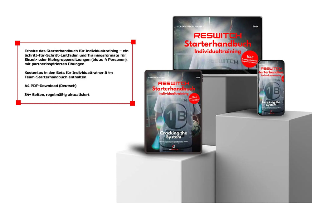 Auf einem Tablet, Smartphone und Laptop wird das matchconcept UG Starterhandbuch Individualtraining mit Trainingsformen und Einzeltraining angezeigt. Auf der linken Seite erscheinen die deutschen Programmmerkmale. Der Hintergrund ist weiß mit roten und grauen Akzenten.