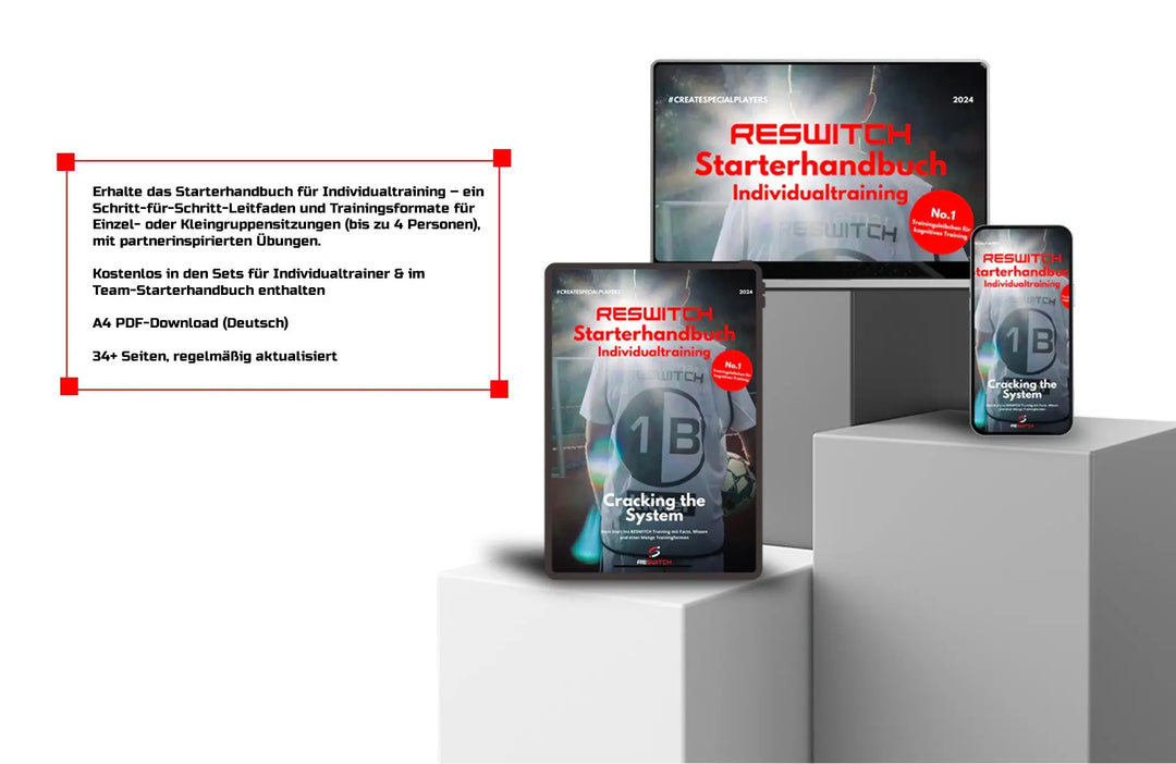 Auf einem Tablet, Smartphone und Laptop wird das matchconcept UG Starterhandbuch Individualtraining mit Trainingsformen und Einzeltraining angezeigt. Auf der linken Seite erscheinen die deutschen Programmmerkmale. Der Hintergrund ist weiß mit roten und grauen Akzenten.