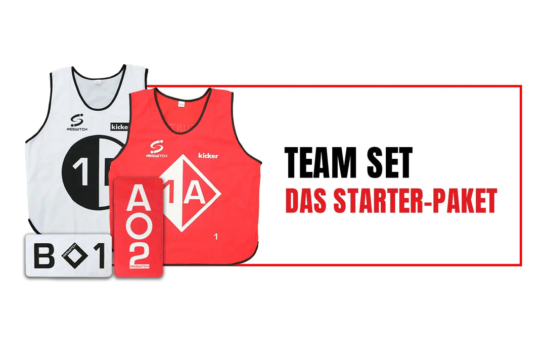 Ein RESWITCH Team-Set von matchconcept UG mit weiß und rot nummerierten Mesh Leibchen mit Logos, zwei Karten mit der Aufschrift B01 und A02 und dem Text "TEAM SET DAS STARTER-PAKET" auf weißem Hintergrund.