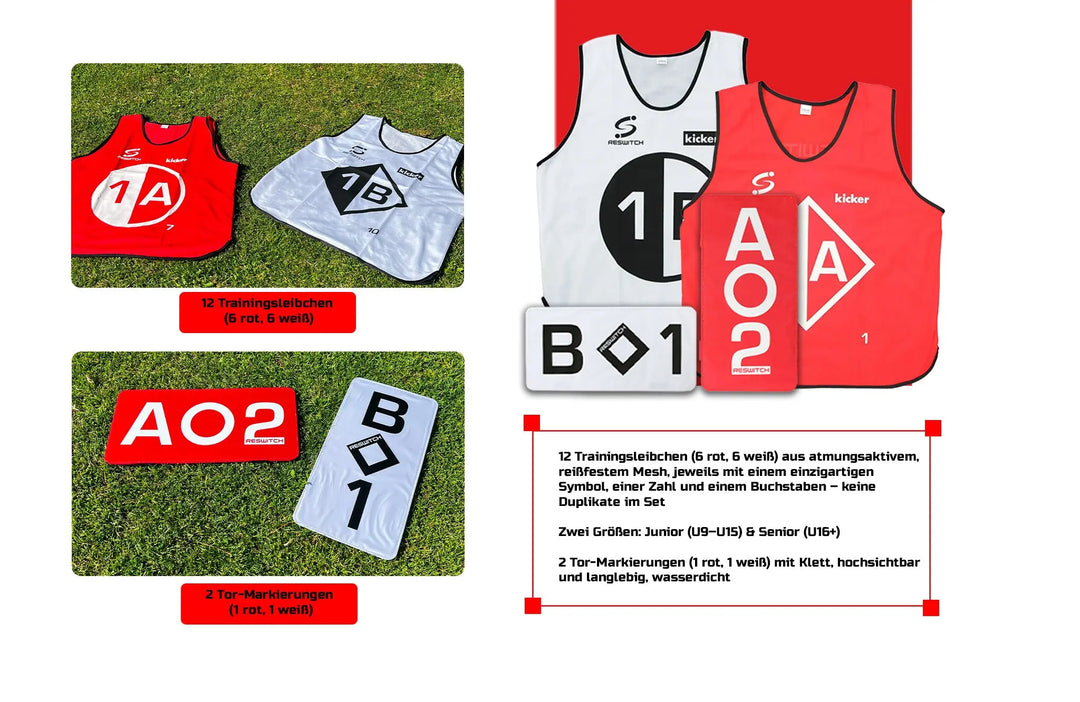 Das RESWITCH Team-Set von matchconcept UG enthält zwölf rot-weiße Netz-Leibchen mit schwarzen Zahlen/Buchstaben und vier Tor-Markierungen (AO2, B01), die auf dem Rasen stehen und mit einem deutschen Text versehen sind, der dieses praktische Fußball-Trainingsset beschreibt.