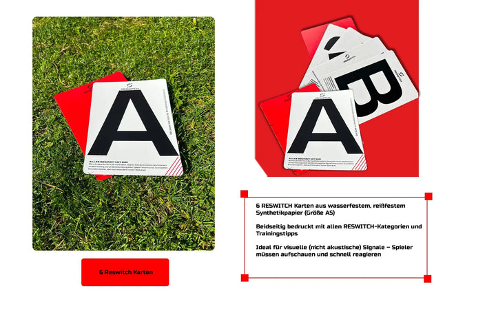 Zwei Fotos der RESWITCH Training Cards von matchconcept UG (haftungsbeschränkt)-große, wasserfeste Karten mit schwarzen Buchstaben (A, S, H, Y) auf Weiß-zeigen die Karten auf Gras und rotem Untergrund; unten Infos zu Material und Trainingstasche.