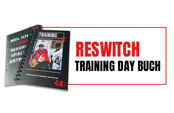 Das spiralgebundene Trainings- und Spielbegleiter - Reswitch Trainingsbuch der matchconcept UG zeigt Athleten und "Training Day" auf dem Cover und kündigt in fetten roten und schwarzen Buchstaben den perfekten Trainings- und Spielbegleiter an.