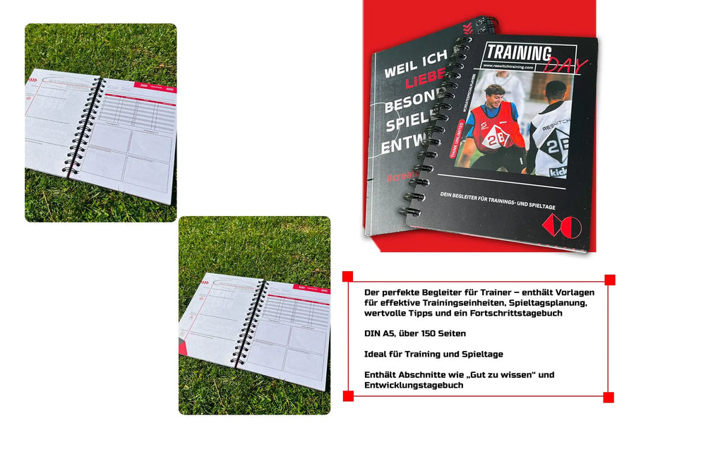 Das spiralgebundene "Trainings- und Spielbegleiter - Reswitch Trainingsbuch" der matchconcept UG liegt offen auf dem Rasen und geschlossen mit sichtbarem Umschlag, mit Trainingsbildern und Texten zur Planung und Nachverfolgung der fußballerischen Fortschritte.