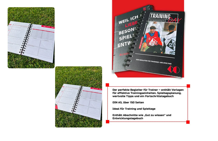 Das spiralgebundene "Trainings- und Spielbegleiter - Reswitch Trainingsbuch" der matchconcept UG liegt offen auf dem Rasen und geschlossen mit sichtbarem Umschlag, mit Trainingsbildern und Texten zur Planung und Nachverfolgung der fußballerischen Fortschritte.