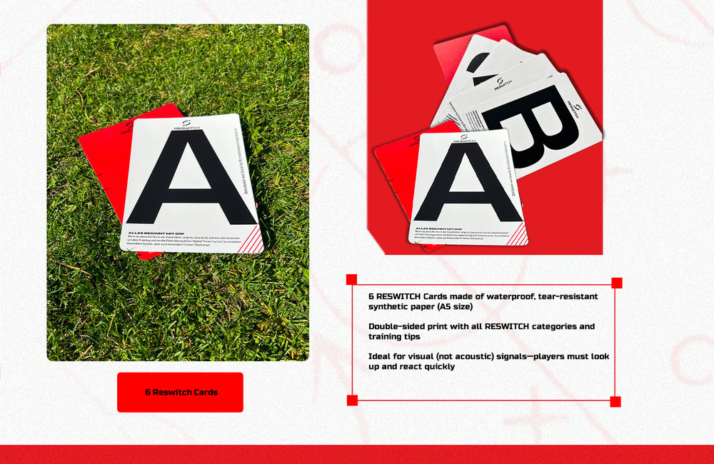 Sechs große RESWITCH Training Cards von matchconcept UG (haftungsbeschränkt) mit fetter schwarzer Schrift sind auf Gras abgebildet. Die wasserfesten, doppelseitigen Karten sind perfekt für die schnelle visuelle Signalisierung im Mannschaftstraining oder einer Trainingstasche.