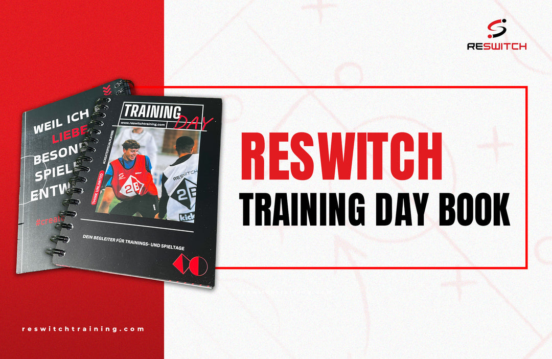 Das aufgeschlagene, spiralgebundene Trainings- und Spielbegleiter - Reswitch Trainingsbuch von matchconcept UG, zeigt ein Action-Sport-Foto und den fetten RESWITCH TRAINING DAY BOOK Text auf einem weiß-roten Cover mit dem Reswitch-Logo oben rechts. Perfekt für Training und Spiel.