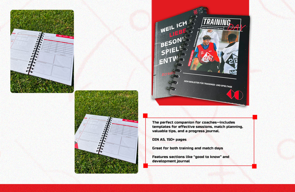 Das spiralgebundene Trainings- und Spielbegleiter - Reswitch Trainingsbuch von matchconcept UG liegt offen auf der Wiese und zeigt sich mit seinem rot-schwarzen Einband, den Vorlagen, Tipps, dem Entwicklungsjournal und den über 150 Seiten als Top-Coaching-Planer für Trainingseinheiten.