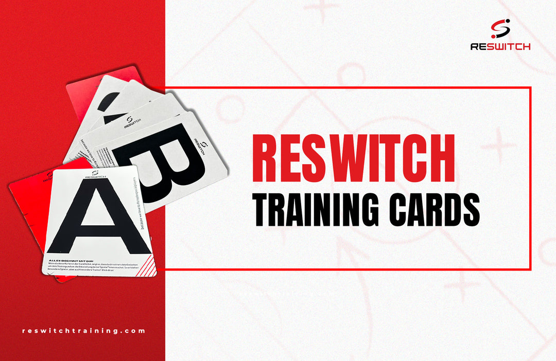 Ein Promo-Bild für RESWITCH Training Cards zeigt große A- und B-Karten, den fettgedruckten Text RESWITCH TRAINING CARDS und das Logo und die Website der matchconcept UG - ideal für das Teamtraining oder zum einfachen Verstauen in der Trainertasche.