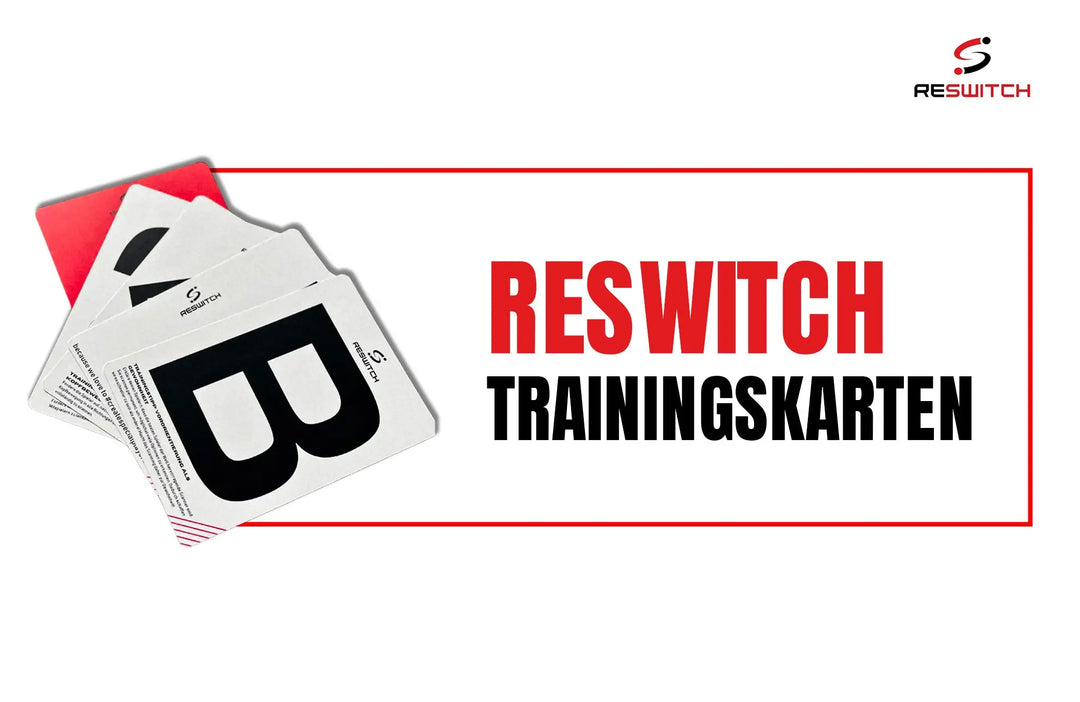 Auf der linken Seite ist ein Satz RESWITCH Training Cards der matchconcept UG (haftungsbeschränkt) aufgefächert. Rechts steht in fetter roter und schwarzer Schrift RESWITCH TRAINING CARDS, darüber das Reswitch-Logo.