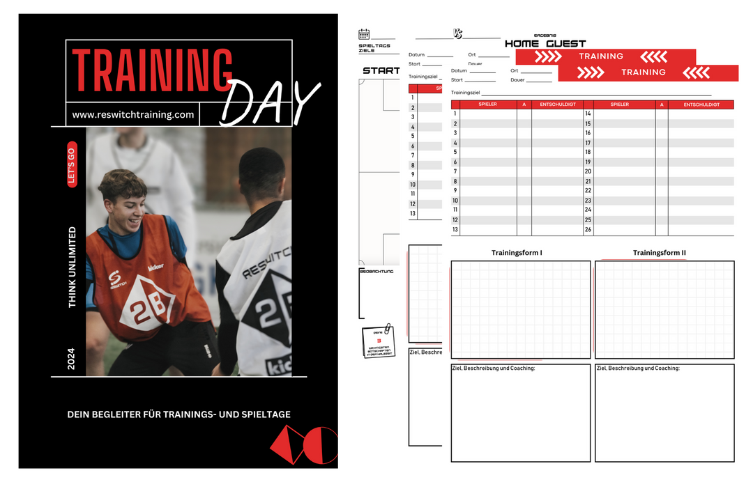 Das Cover des „Trainings- und Spielbegleiters“ von matchconcept UG zeigt einen lächelnden Sportler mit der Nummer 28. Rechts daneben befindet sich eine Zeitplan-Vorlage mit Spalten für Aktivitäten, Feldern für Spielernamen und Rastern für Trainingseinheiten und Notizen des Trainers.