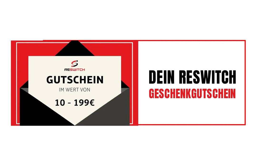 Eine Grafik zeigt einen Dein RESWITCH Geschenkgutschein von matchconcept UG (10-199 €) teilweise in einem schwarzen Umschlag. Daneben steht "Dein RESWITCH Geschenk" in fetter schwarz-roter Schrift auf weißem Grund und weist auf die vielfältigen Produktmöglichkeiten hin.